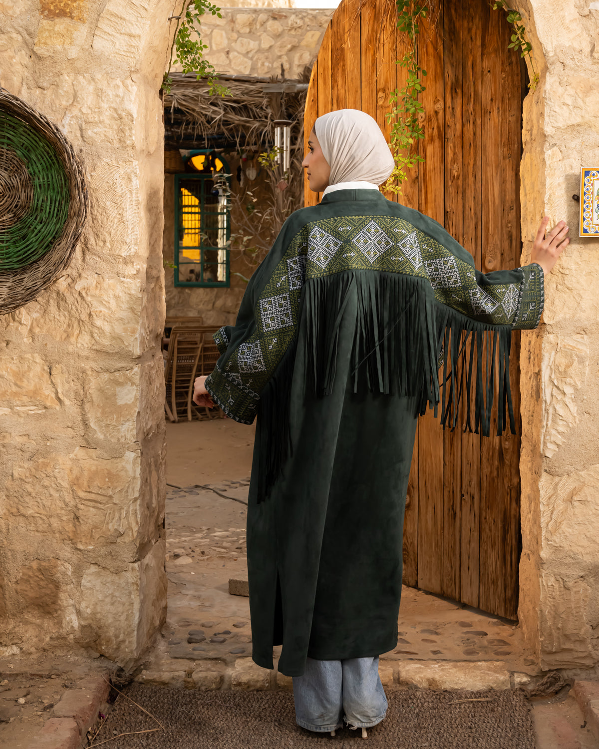 Etamin Fringed Kaftan-Olive