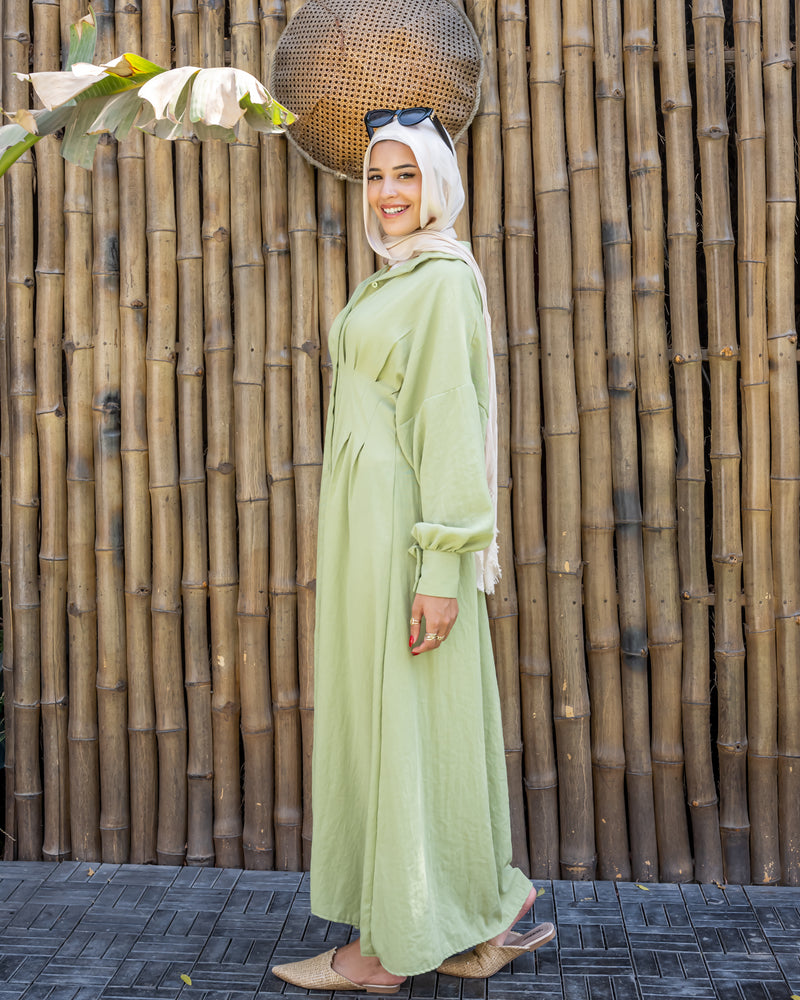 Linen Seamed Dress - Lime