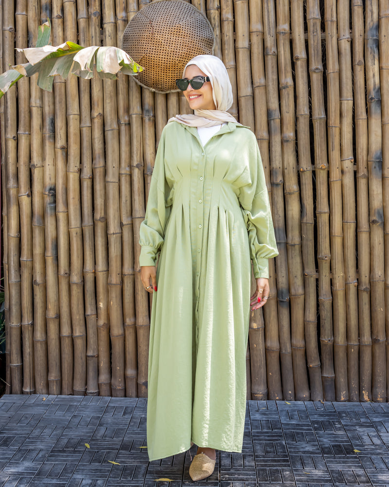 Linen Seamed Dress - Lime