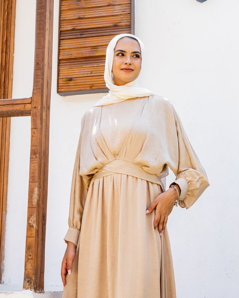 Cropped Top Satin Dress - Beige