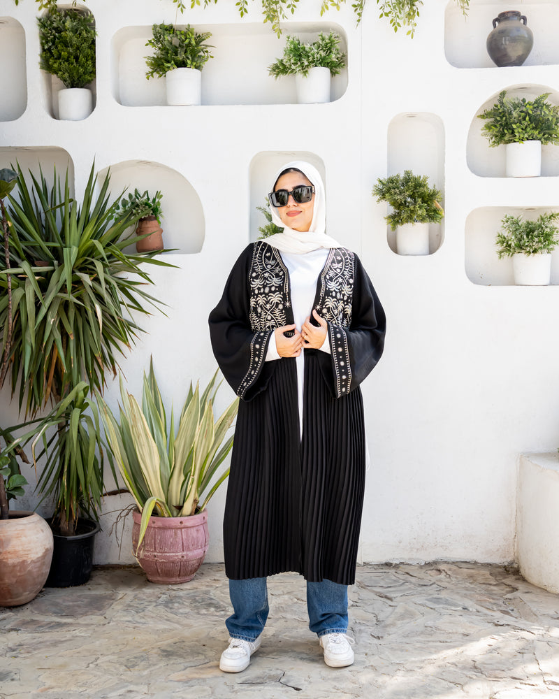 Linen Embroidered Cardigan - Black