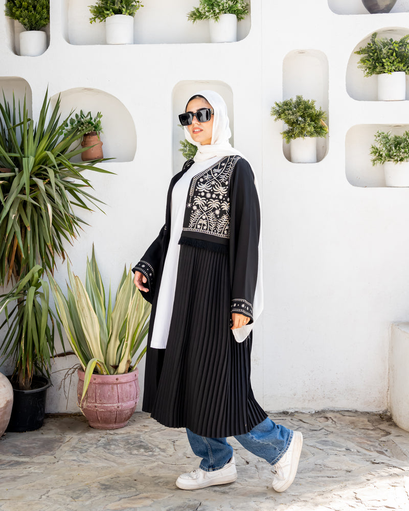 Linen Embroidered Cardigan - Black