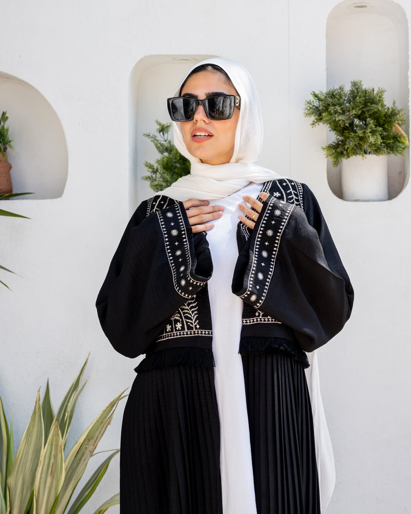 Linen Embroidered Cardigan - Black