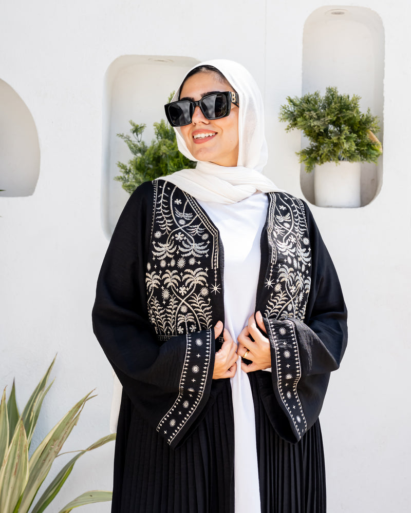 Linen Embroidered Cardigan - Black