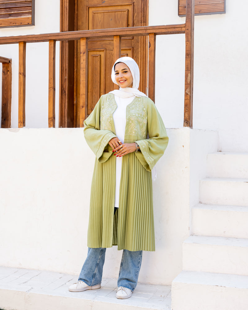 Linen Embroidered Cardigan - Olive