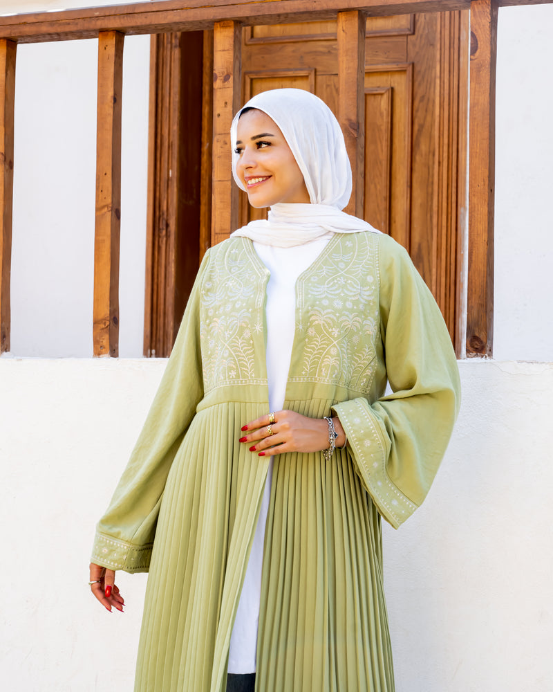 Linen Embroidered Cardigan - Olive
