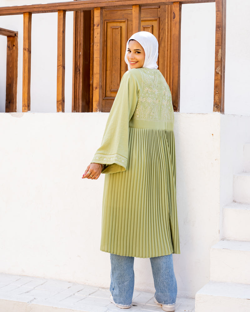 Linen Embroidered Cardigan - Olive