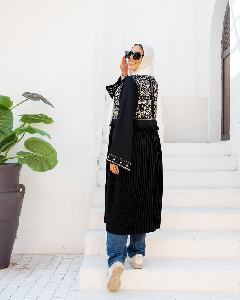 Linen Embroidered Cardigan - Black