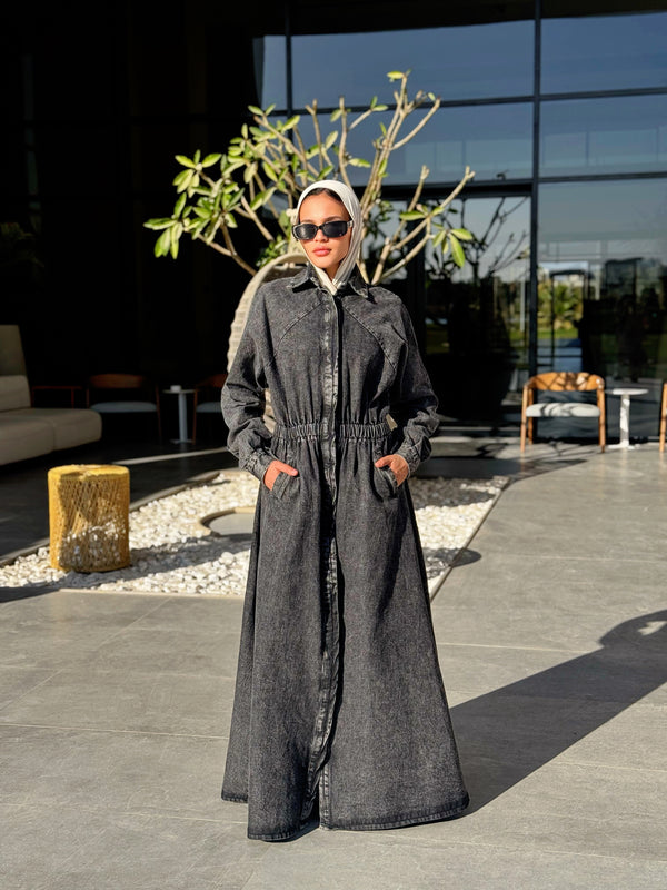 Denim Buttoned Dress - Black