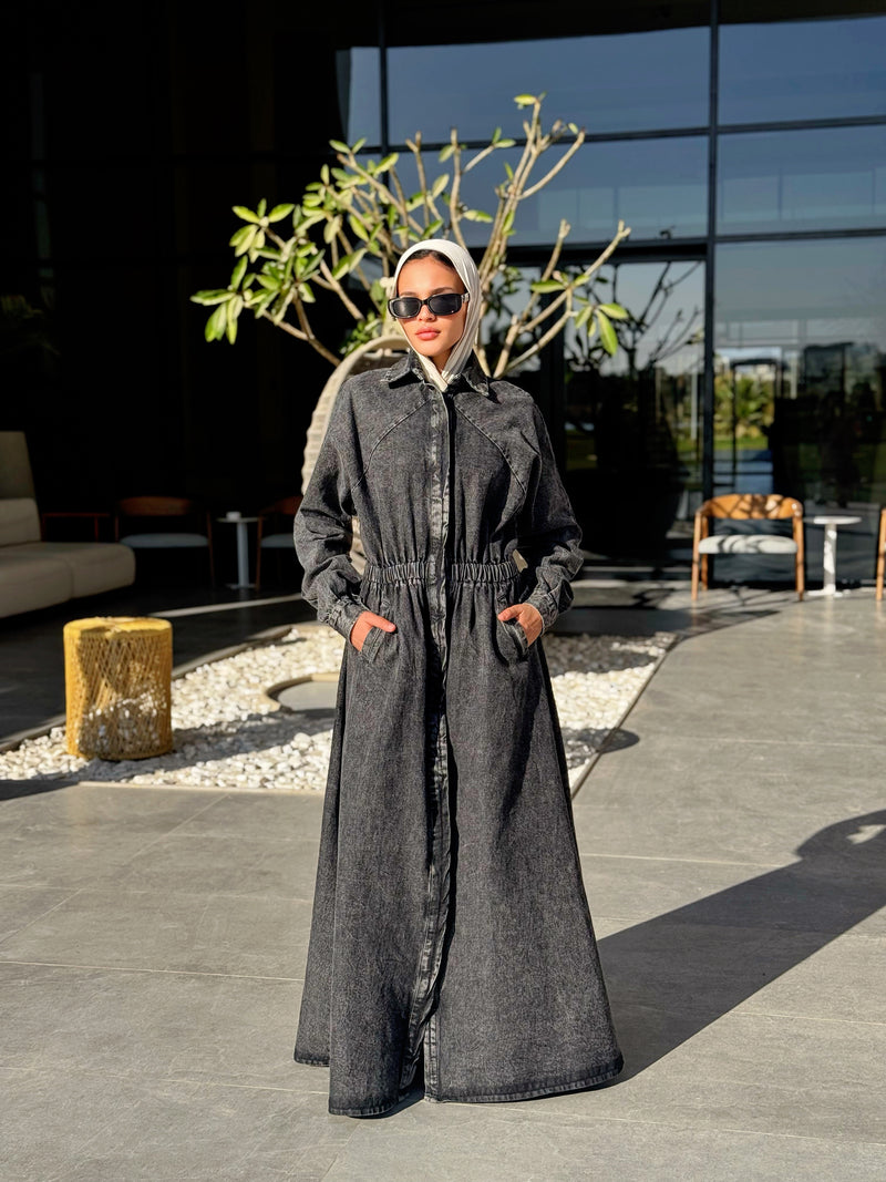 Denim Buttoned Dress - Black
