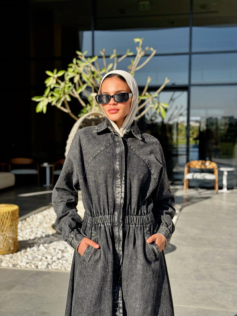 Denim Buttoned Dress - Black