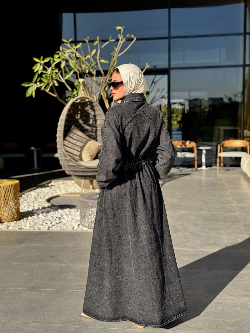 Denim Buttoned Dress - Black