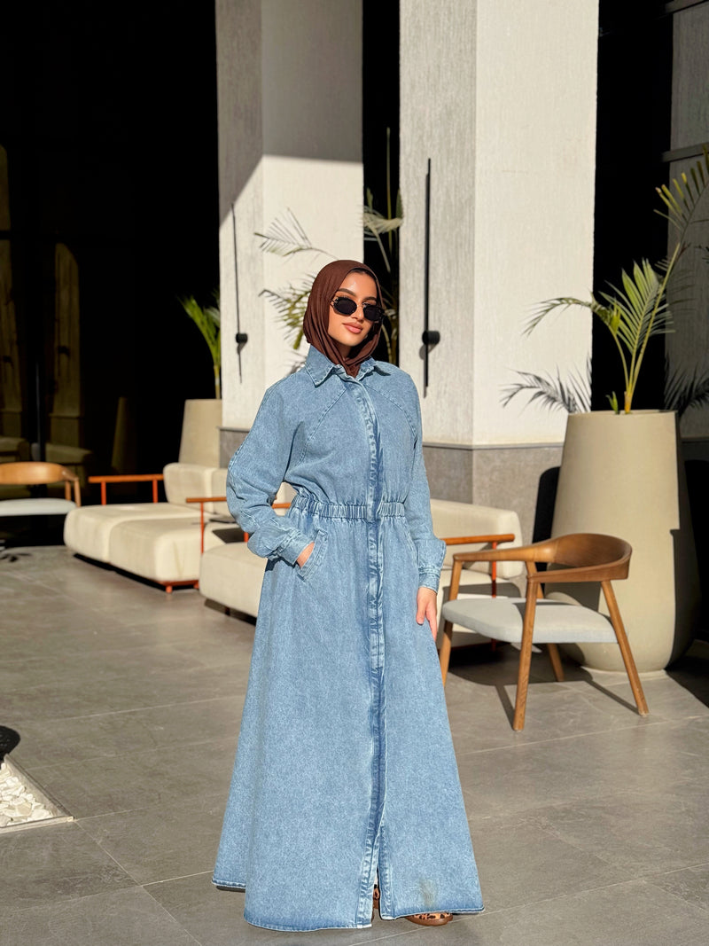 Denim Buttoned Dress - Light Blue