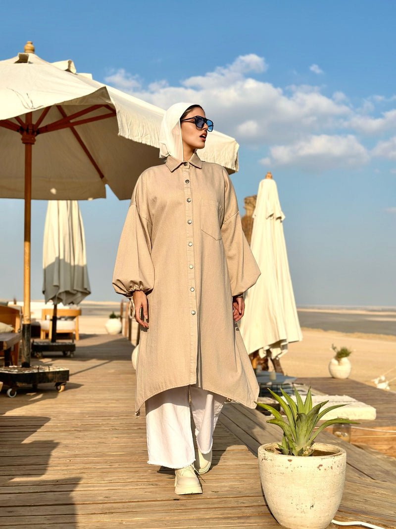 Denim Oversized Cardigan-Beige