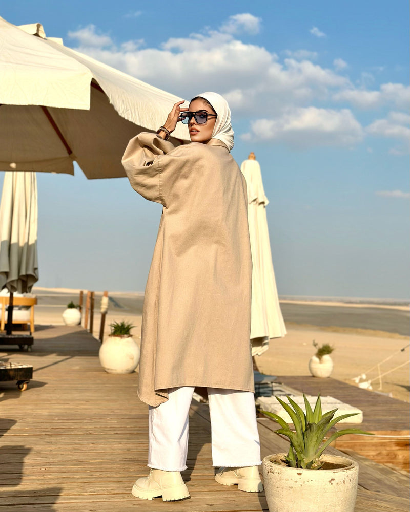 Denim Oversized Cardigan-Beige
