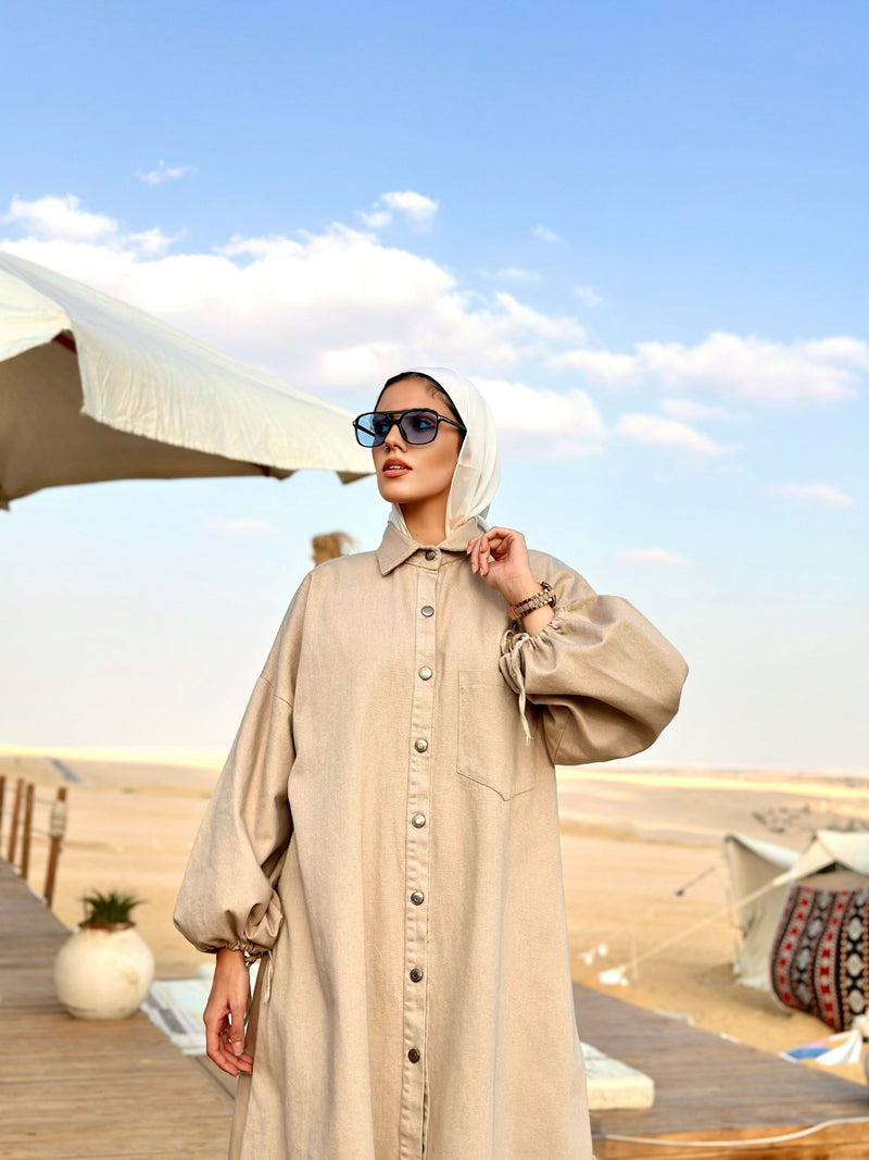 Denim Oversized Cardigan-Beige
