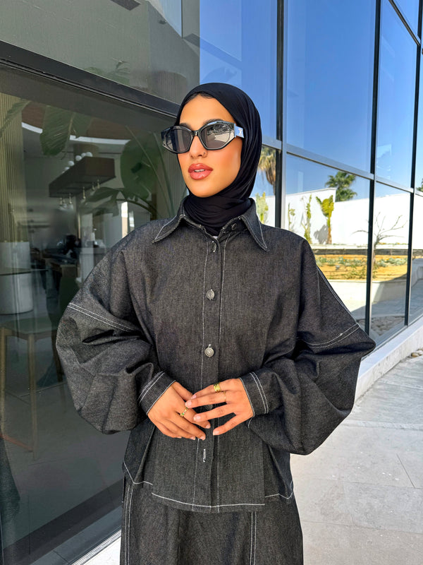 Denim Stitched Blouse - Black