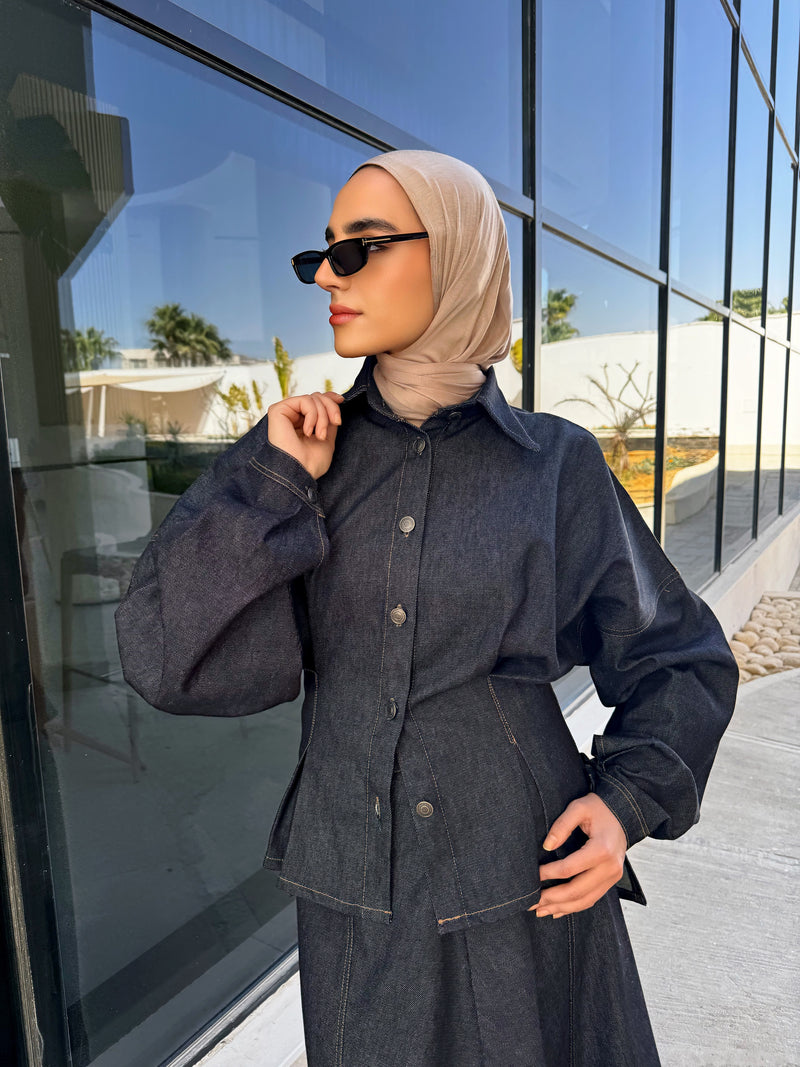 Denim Stitched Blouse - Dark Blue