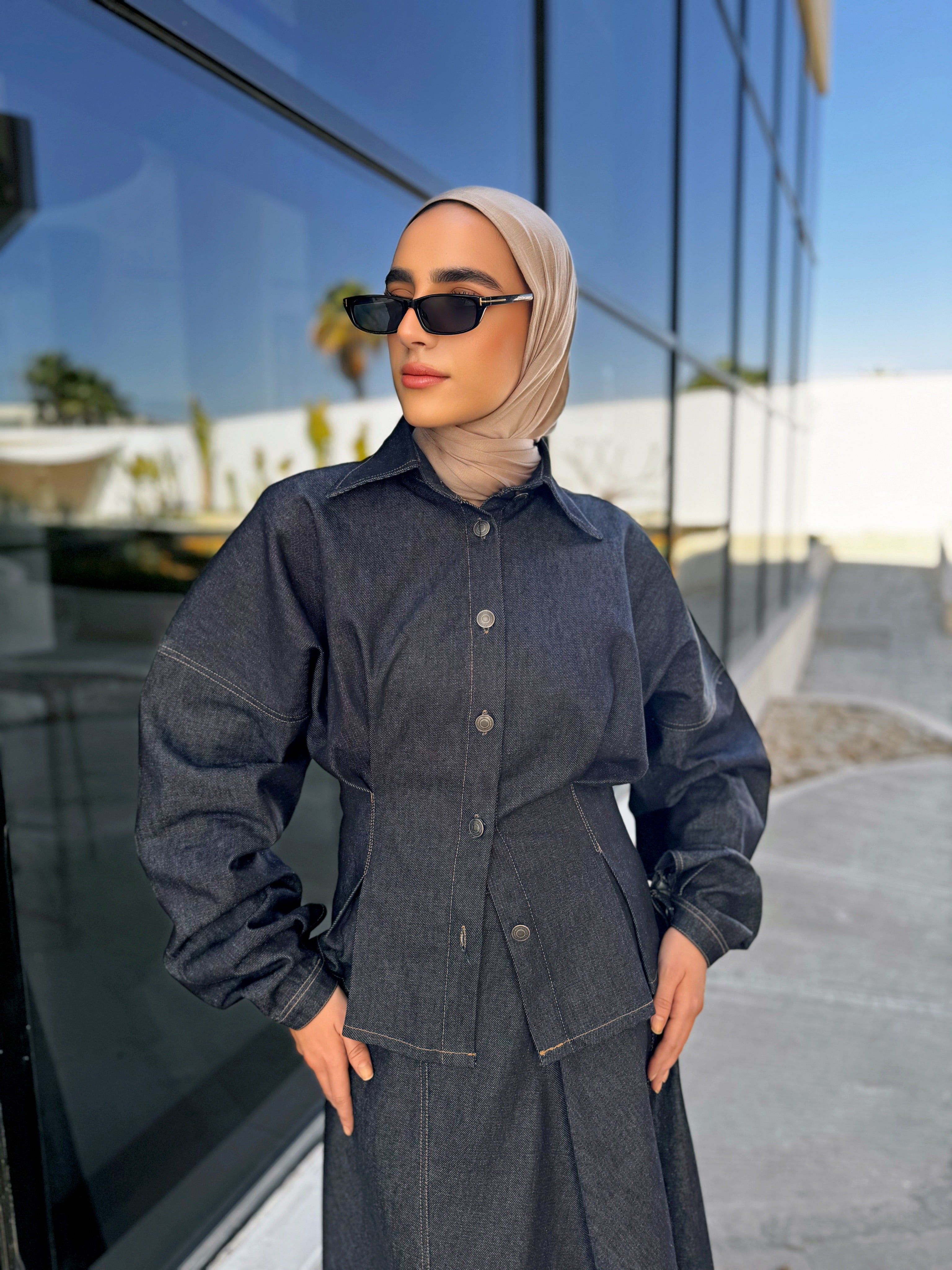 Denim Stitched Blouse - Dark Blue