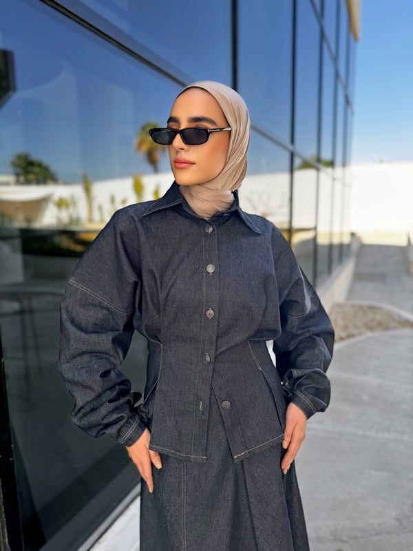 Denim Stitched Blouse - Dark Blue