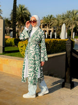 Double Drawstring Printed Cardigan-Green