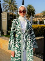 Double Drawstring Printed Cardigan-Green