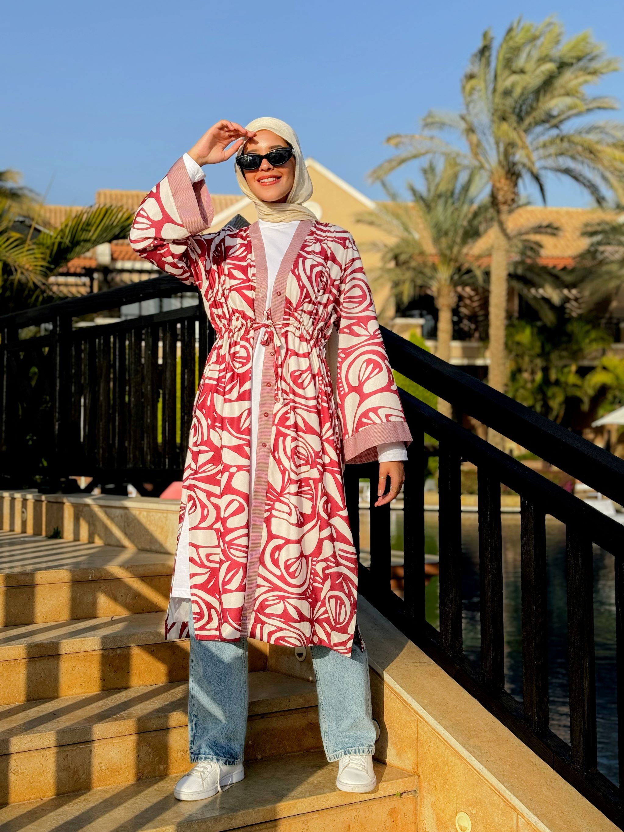 Double Drawstring Printed Cardigan-Maroon