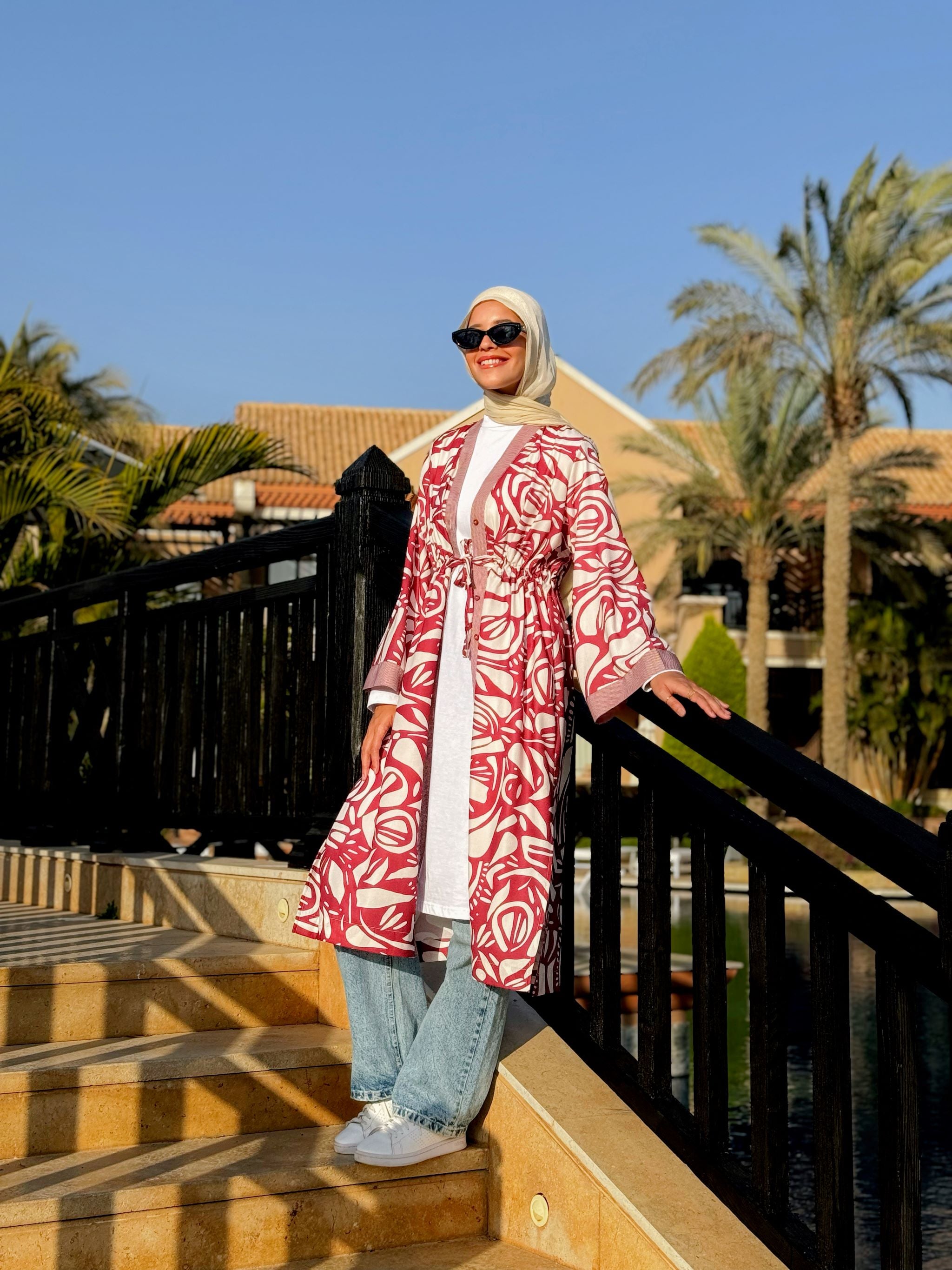 Double Drawstring Printed Cardigan-Maroon