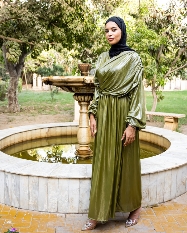 Draped Metallic Dress - Olive ( Available at stores only )