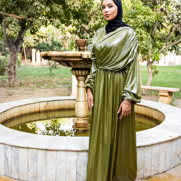 metallic olive green dress Draped Metallic Dress