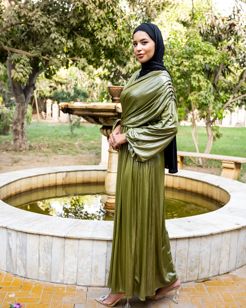 Draped Metallic Dress - Olive ( Available at stores only ) Hijab Boutique Draped Metallic Dress - Olive ( Available at stores only ) Hijab Boutique