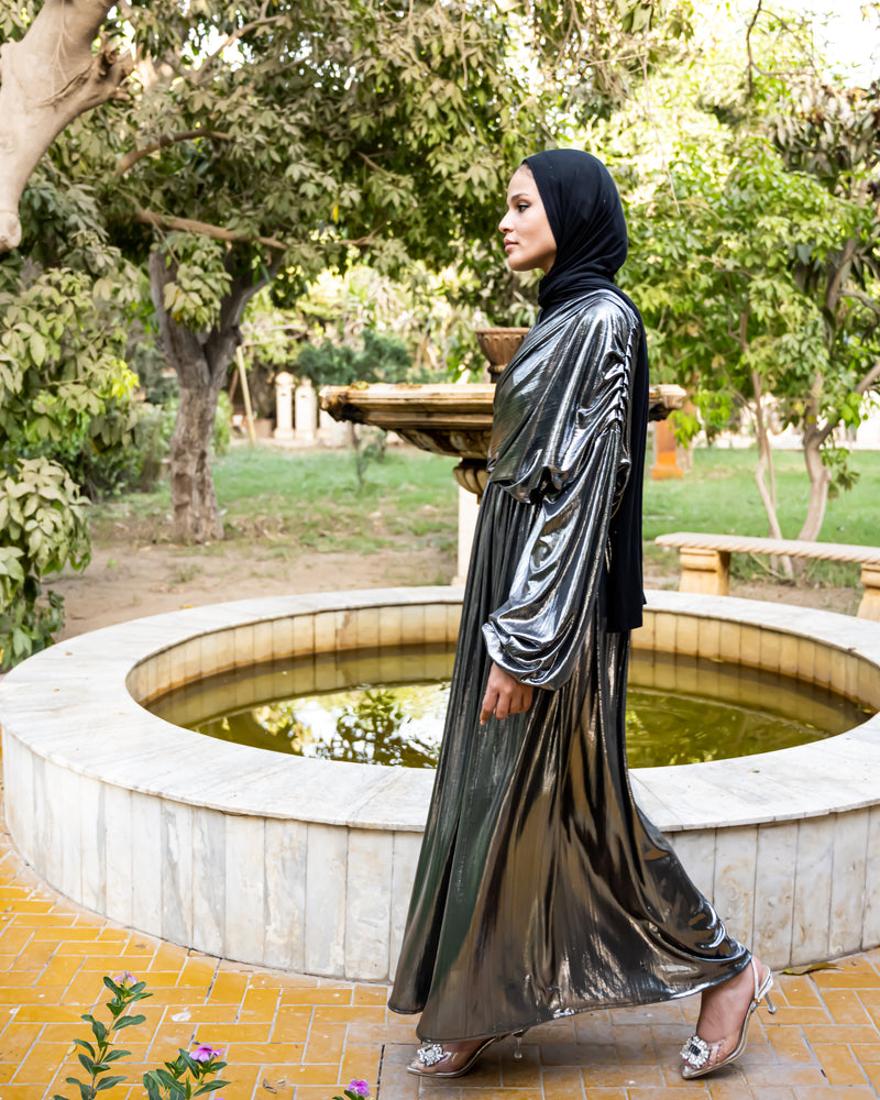 silver dress hijab Silver Satin Hijab Dress Silver Hijab Draped Metallic Dress Silver Available At Stores Only