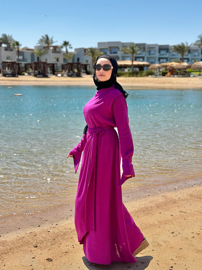 Draped Wrap Linen Dress-Magenta