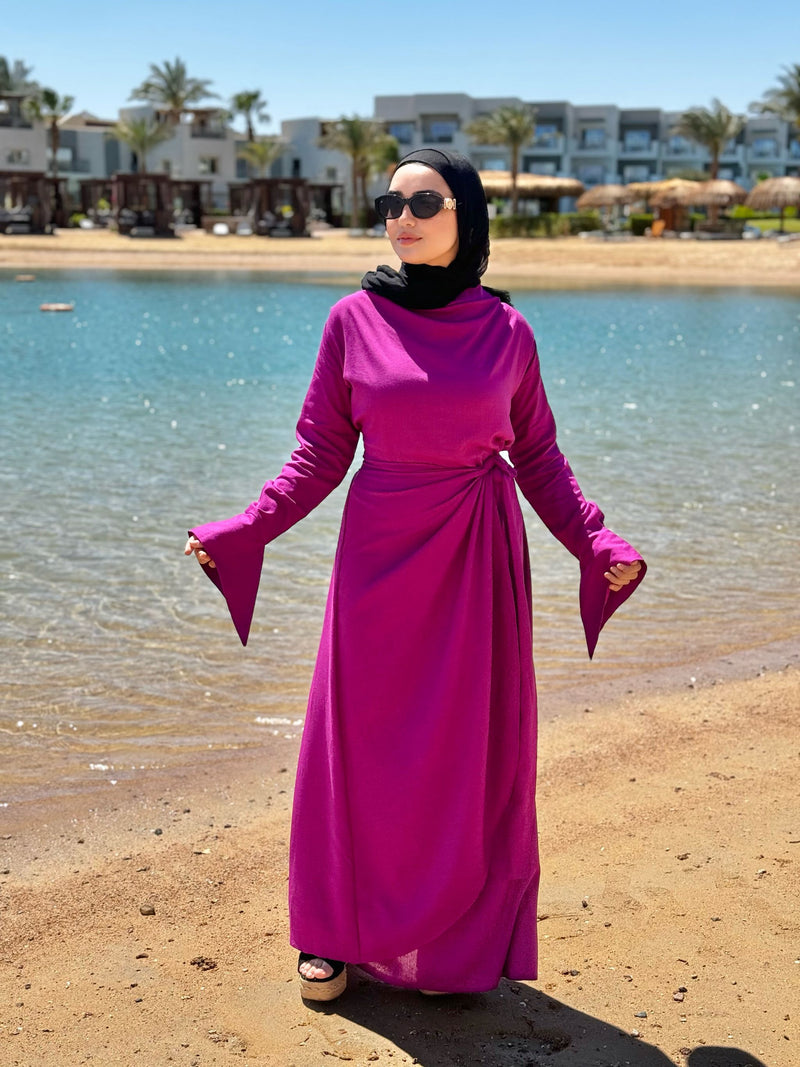 Draped Wrap Linen Dress-Magenta