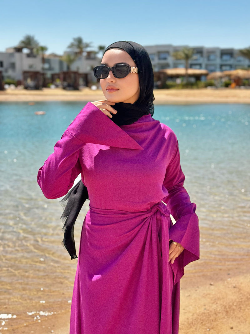 Draped Wrap Linen Dress-Magenta Hijab Boutique Draped Wrap Linen Dress-Magenta Hijab Boutique