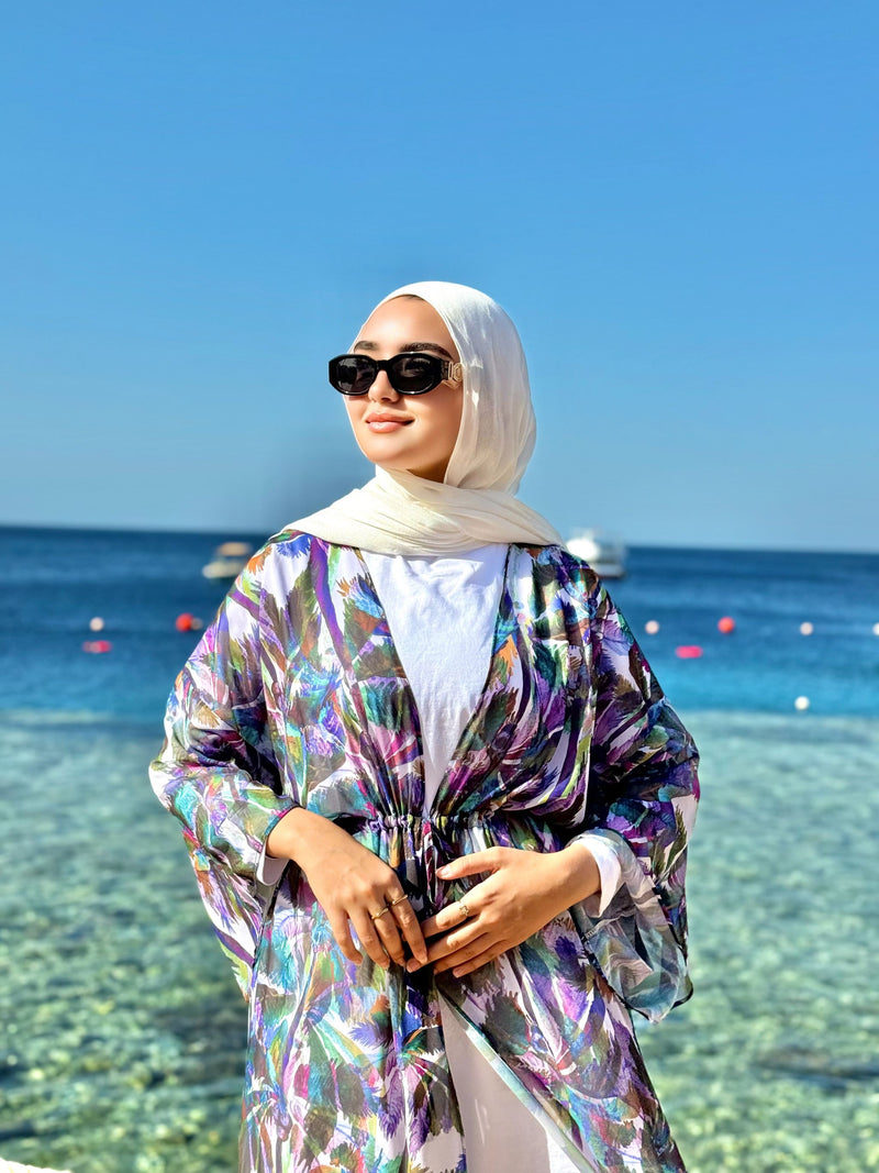 Drawstring Chiffon Kimono-Palms