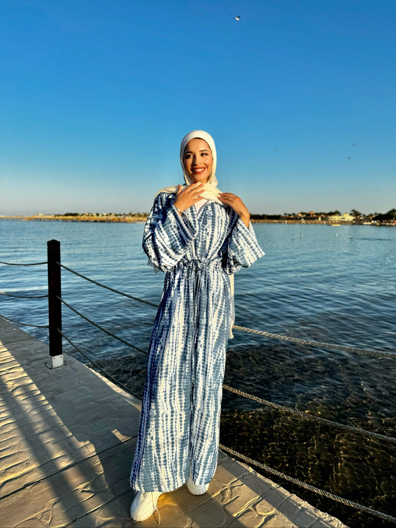 Drawstring Linen Printed Dress-Blue Hijab Boutique Drawstring Linen Printed Dress-Blue Hijab Boutique
