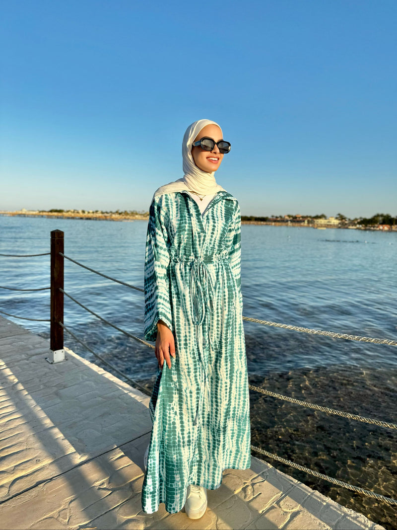 Drawstring Linen Printed Dress-Green Hijab Boutique Drawstring Linen Printed Dress-Green Hijab Boutique