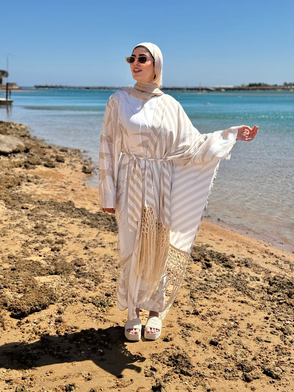 Dress With Fringed Shawl-Beige