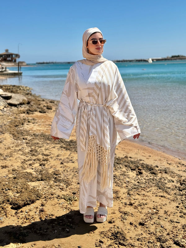 Dress With Fringed Shawl-Beige