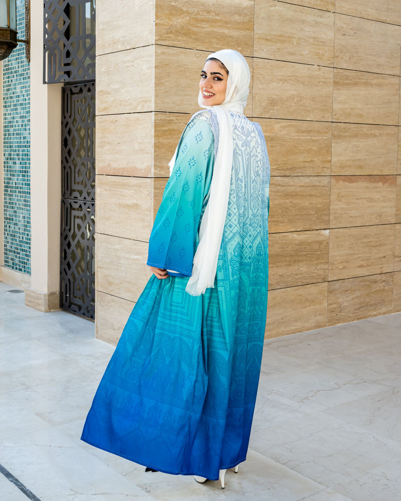 Edged Shoulder Printed Kaftan-Blue