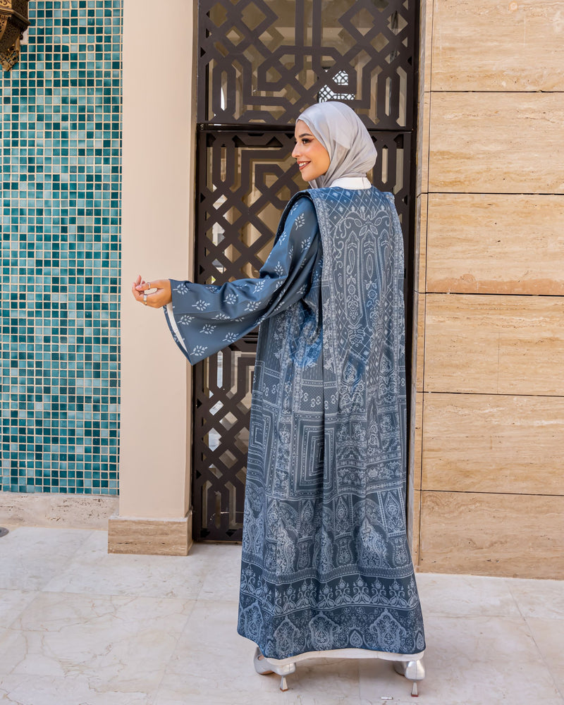 Edged Shoulder Printed Kaftan-Silver