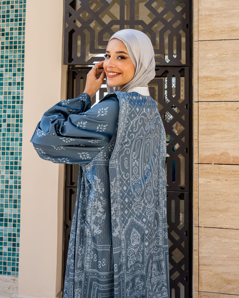 Edged Shoulder Printed Kaftan-Silver