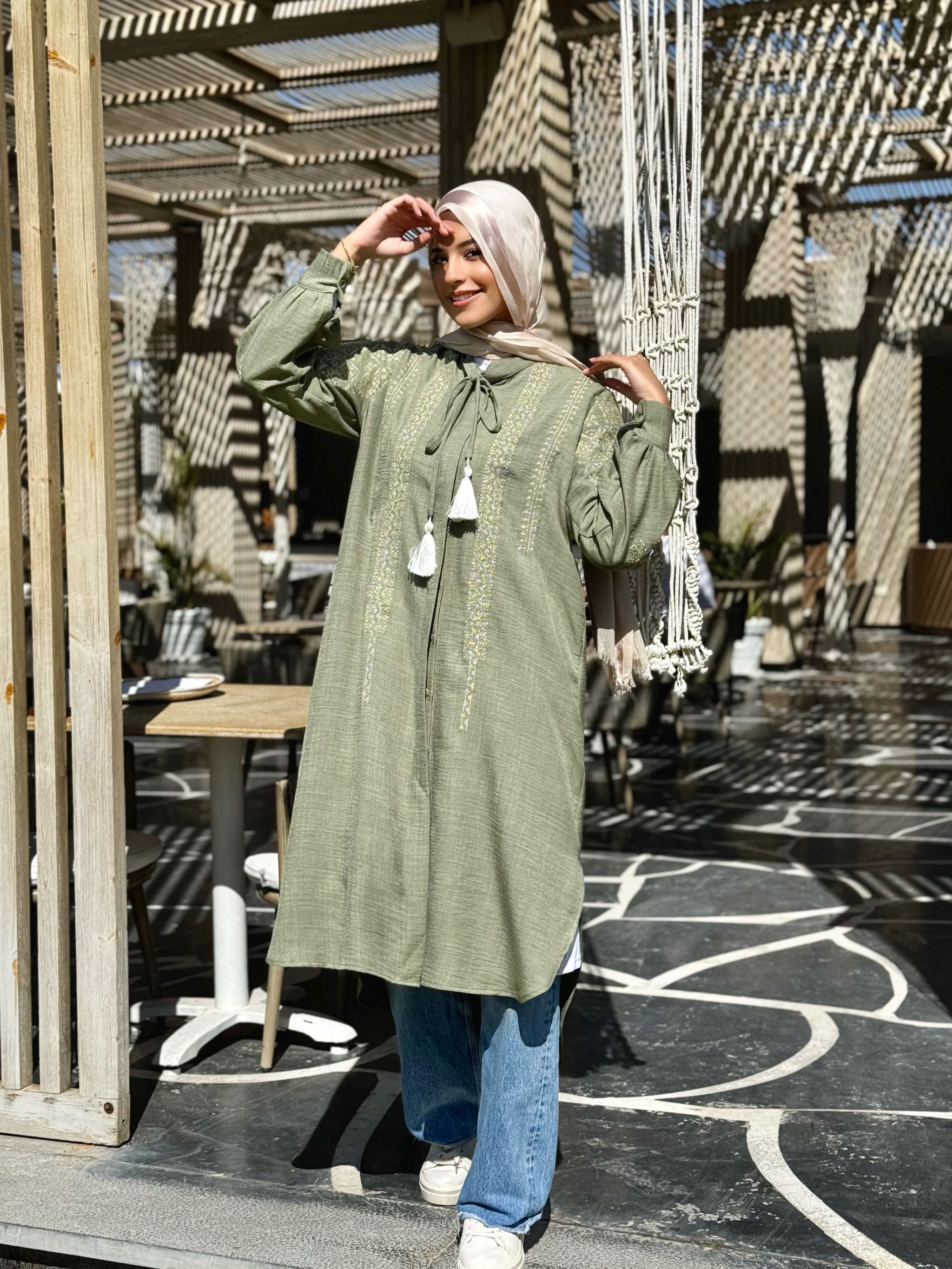 Embroidered Linen Shirt-Olive