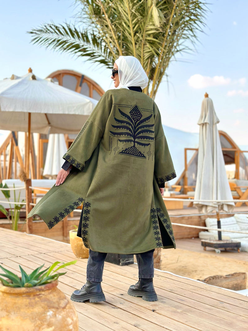 Embroidered Suede Kimono-Olive