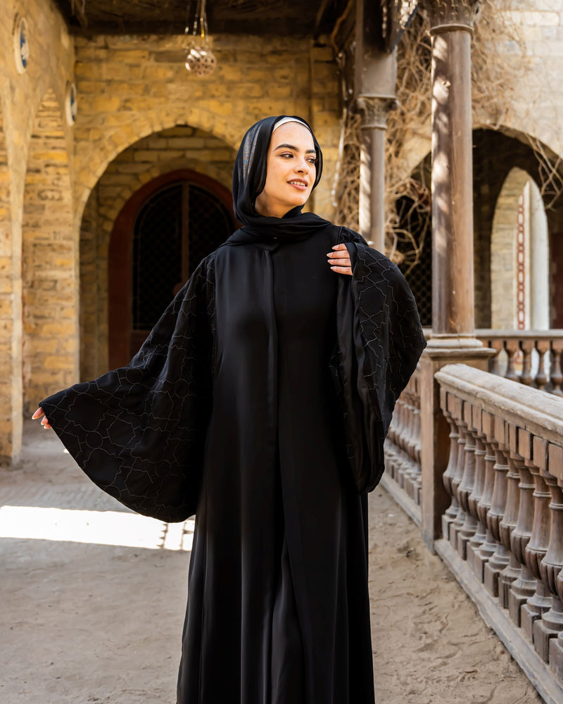Embroidered Sleeves Piped Abaya-Black