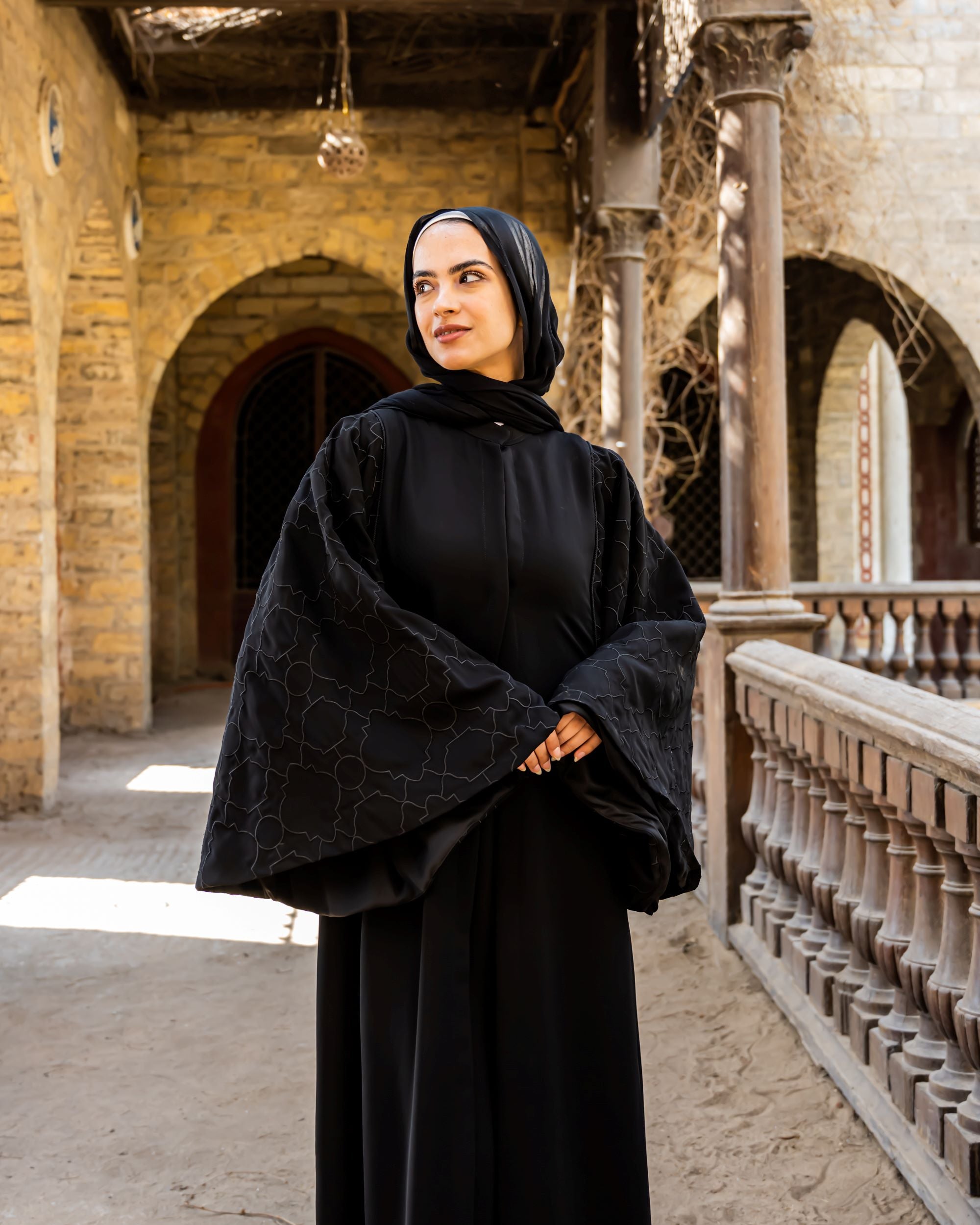 Embroidered Sleeves Piped Abaya-Black