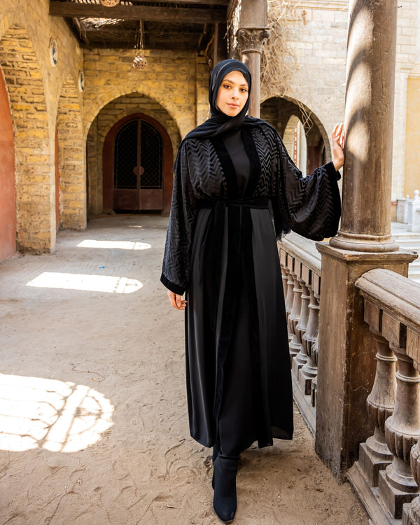 Engraved Velvet Abaya-Black