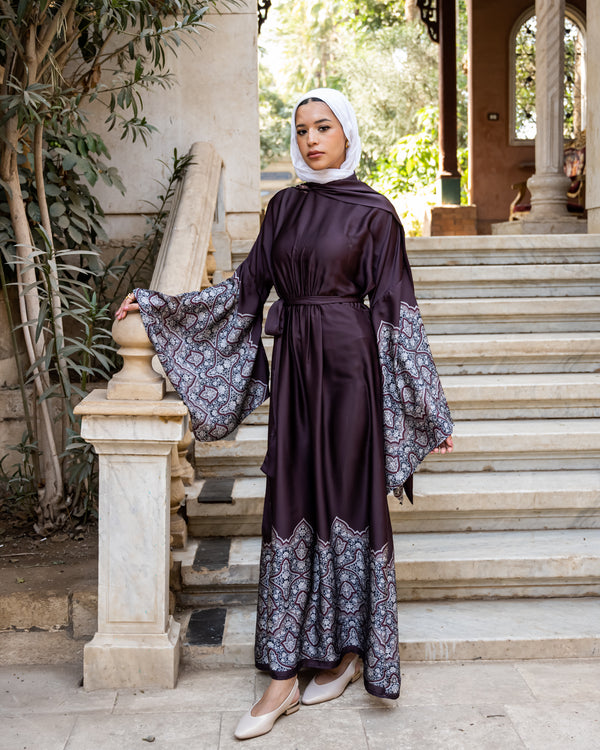 Flag Sleeves Dress With Shawl - Maroon