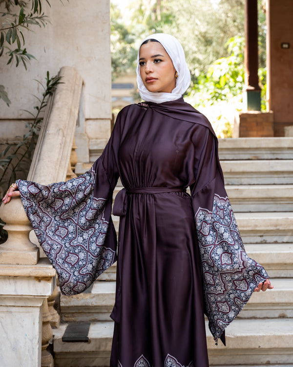 Flag Sleeves Dress With Shawl - Maroon
